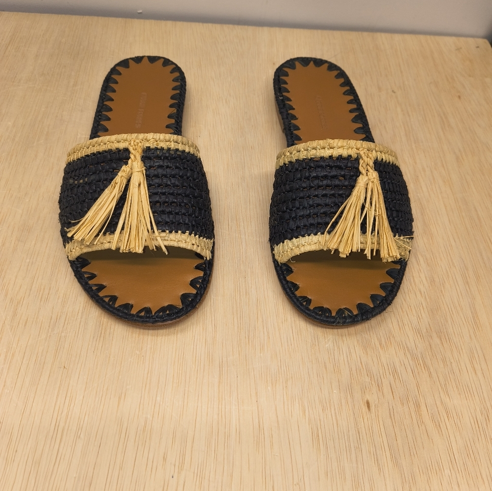 Carrie Forbes Adam Pom Leather and Raffia Sandals Size 35